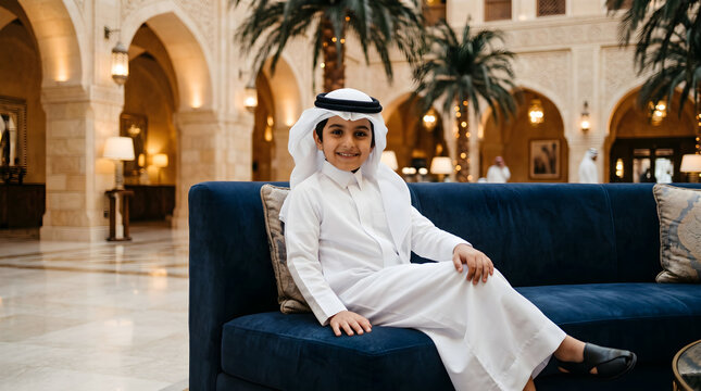 Young Arab boy in traditional thobe sitting on blue velvet sofa inside luxury palace hotel lobby with arches background