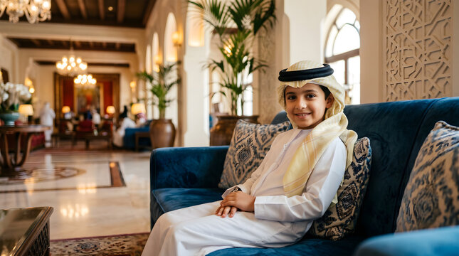 Young Arab boy in traditional thobe sitting on blue velvet sofa in luxury hotel lobby with Middle Eastern architecture
