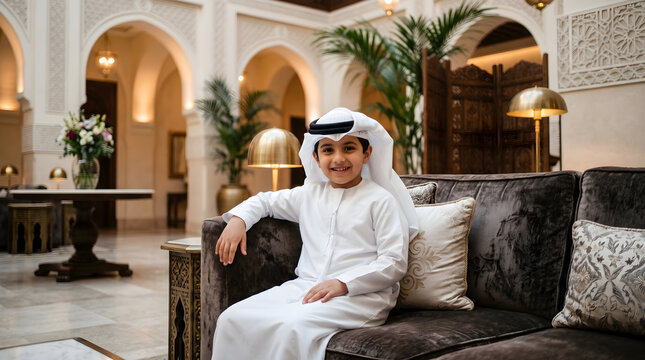 Young Arab boy in traditional thobe sitting on dark velvet sofa in luxury palace lobby with Middle Eastern architecture