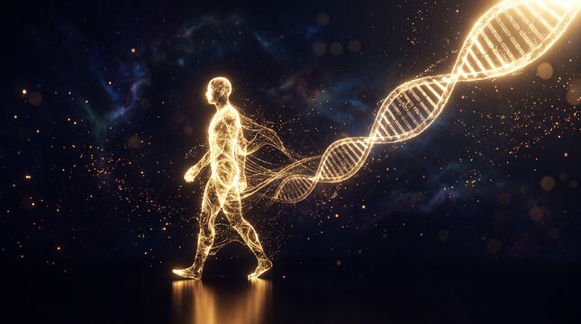 Abstract glowing golden human silhouette walking with double helix dna structure in space background representing genetics and biological evolution