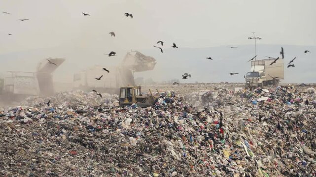 Garbage Trucks Unloading Waste at Municipal Landfill with Bulldozer, Environmental Pollution and Waste Management