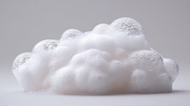 Cloud-shaped thick white foam mound with tiny soap bubble texture on plain light grey background, abstract cleaning texture still life