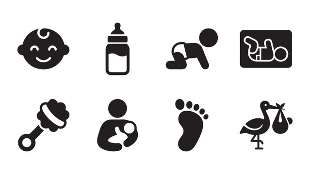 Set of simple black baby and newborn icons.