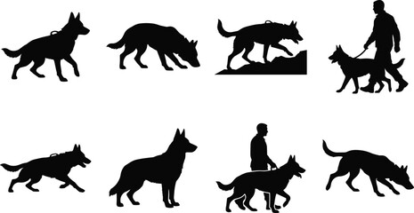 Obraz premium WebGerman Shepherd dog silhouette collection featuring various poses including running walking and training with a handler
