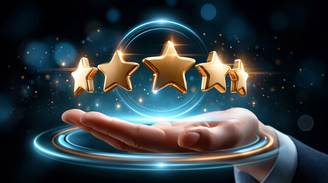 Five star golden rating stars floating above business hand with glowing blue rings on dark background.