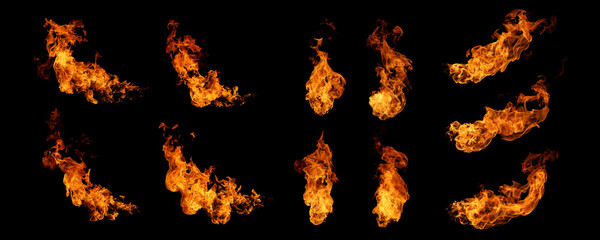 Collection of realistic fire flame overlays isolated on black background, featuring blazing fire effects, burning elements, heat, energy, transparent design assets, and cinematic visual effects. © wasan