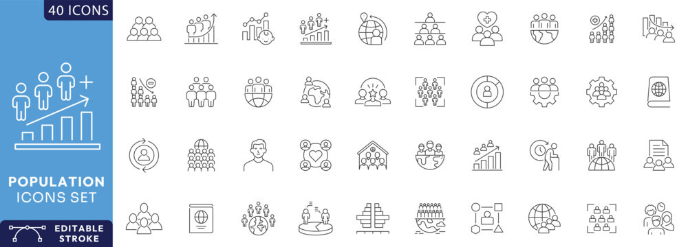 Population icon set. Containing demographic, citizen, birth rate, residents, urbanization, migration, overpopulation Etc. Fully Editable. Vector illustration.