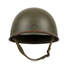 Fototapeta premium Vintage military helmet with distinctive markings and tan chinstrap