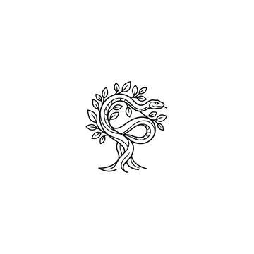 Single line art logo design of a snake coiling around a leafy branch
