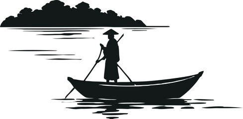 Silhouette of a fisherman rowing a boat on the water © Graphiqomas