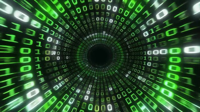 Abstract green binary code tunnel with glowing numbers