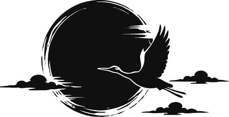 Naklejka premium Black silhouette of a crane flying in front of a moon