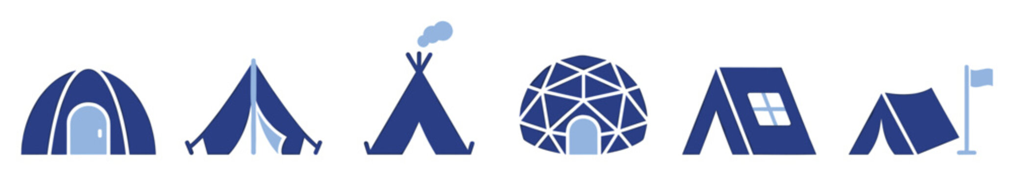 Set of diverse camping tents and outdoor shelters including igloo, teepee, and dome designs, perfect for wilderness adventures and travel iconography