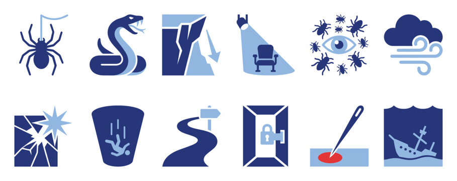 Set of phobia icons illustrating common human fears and anxieties including arachnophobia, ophidiophobia, acrophobia, claustrophobia, and trypanophobia