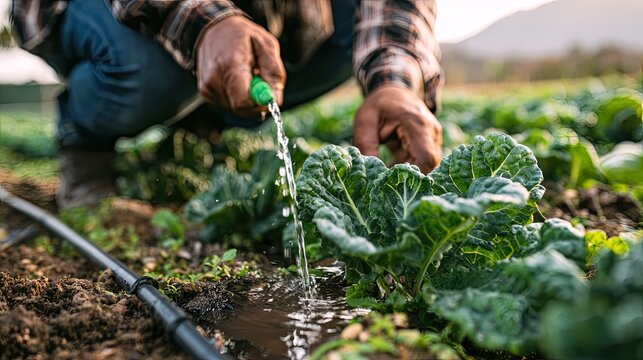 Farmer rough hands adjusting black drip irrigation pipe in farmland, water splashing wet soil, water-saving modern agriculture farming closeup