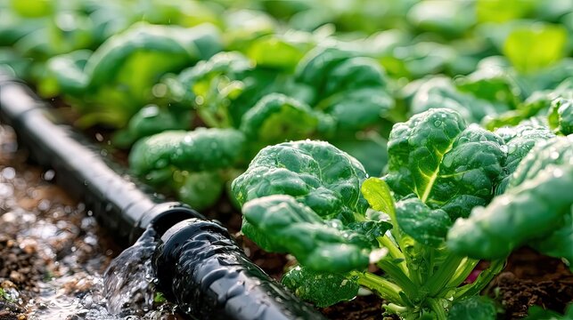 Green leafy crops with black drip irrigation tube on farm soil, water-saving irrigation closeup, modern smart agriculture graphic
