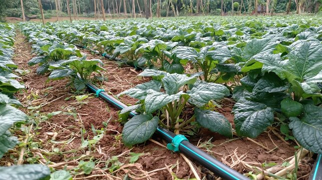 Green leafy crops with black drip irrigation tube on farm soil, water-saving irrigation closeup, modern smart agriculture graphic