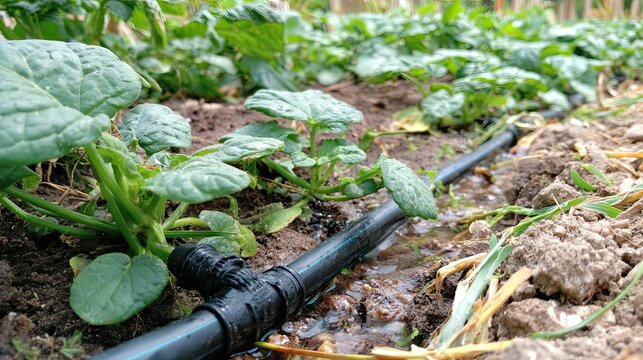 Green leafy crops with black drip irrigation tube on farm soil, water-saving irrigation closeup, modern smart agriculture graphic