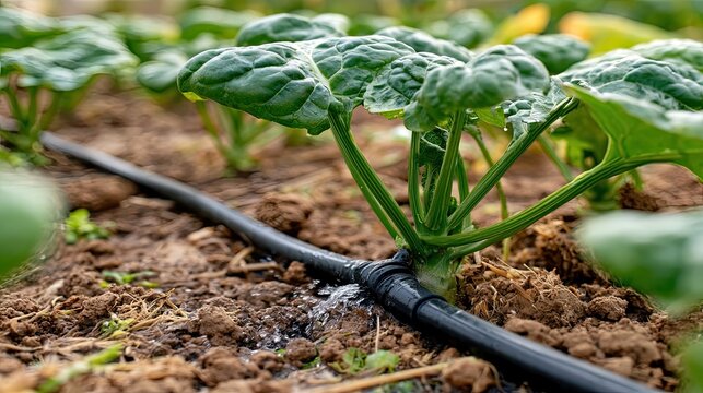 Green leafy crops with black drip irrigation tube on farm soil, water-saving irrigation closeup, modern smart agriculture graphic