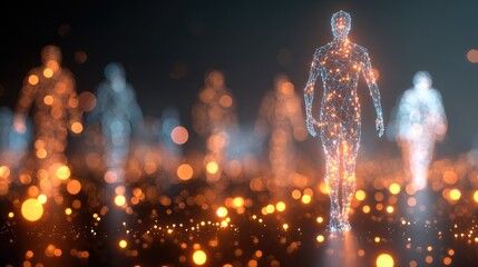 Obraz premium Glowing digital human outlines walk through bokeh lights in a dark abstract space
