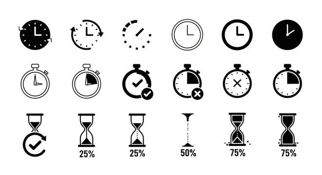 Time Management Icons, Clock and Hourglass Symbols, Productivity Graphics, Vector Set of 20