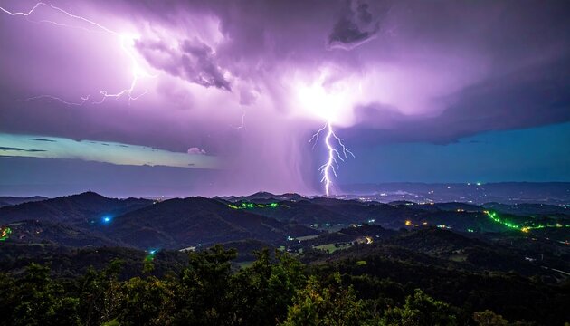 Dramatic lightning storm over mountain landscape at night
