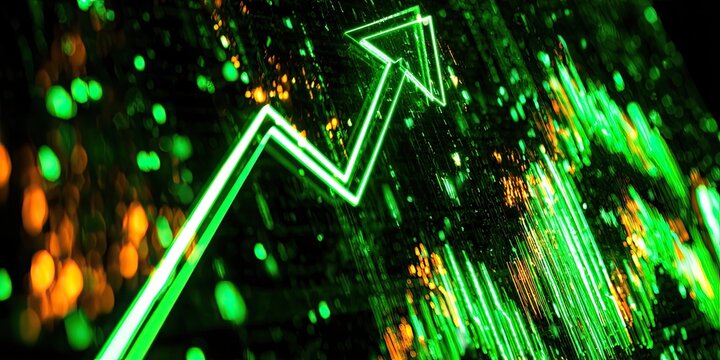 Abstract green digital chart with rising arrow and bokeh lights