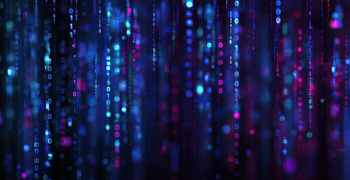 Abstract digital rain of glowing binary code streams in blue and magenta