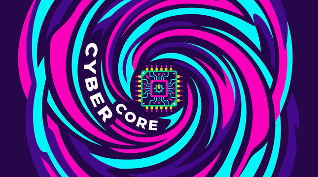 Vibrant cybercore swirl design with neon colors and futuristic pattern on dark background