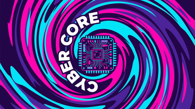 Vibrant swirls of pink, blue, and purple surround a central microchip in a futuristic design.
