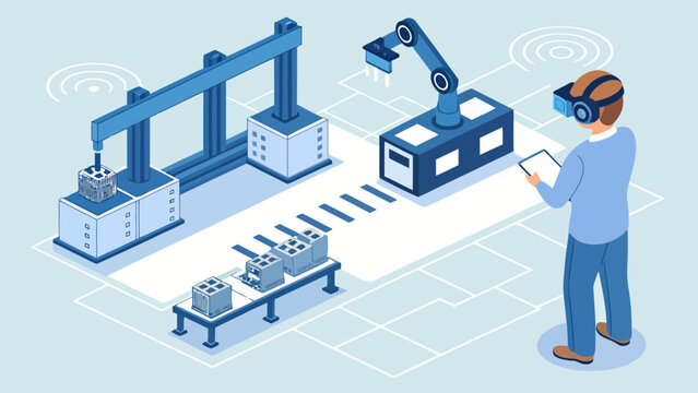 Engineer with virtual reality goggles controlling robotic arm in automated factory automation technology engineer industrial industry manufacturing production innovation robotics isometric