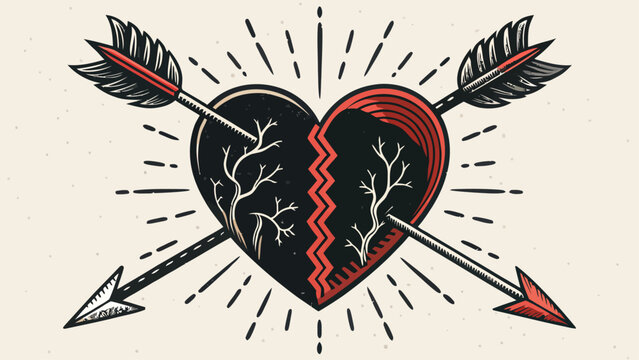 Vintage style illustration of a broken heart pierced by crossed arrows with illustration separation conceptual divorced relationship dramatic artistic engraving ornamental creative stylized