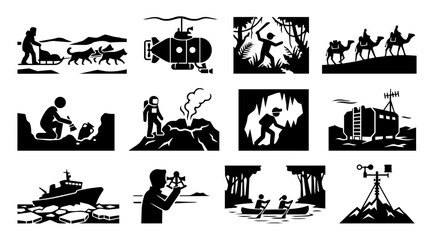 Historic and Scientific Expedition Silhouette Icon Set with Exploration and Discovery Scenes © Mediasegment