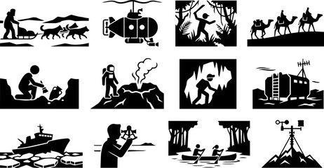 Historic and Scientific Expedition Silhouette Icon Set with Exploration and Discovery Scenes © Mediasegment