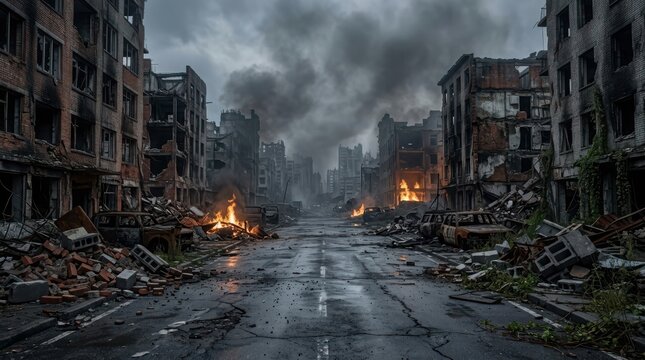 Destroyed city street with damaged buildings and fire smoke after a war conflict in a dark and sad urban landscape