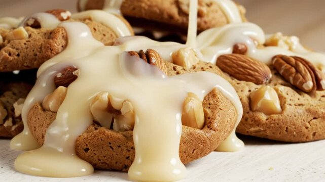 Delicious homemade cookies with an assortment of nuts, drizzled with sweet creamy icing for a delectable dessert