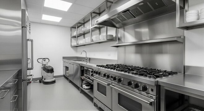 Empty commercial kitchen with stainless steel appliances. Professional restaurant cooking station with gas range, sink and shelving. Sanitized industrial food preparation space area.
