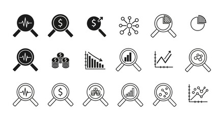 Fototapeta premium Business finance icons, 20 black and white line style symbols, money, statistics, and analysis graphics, for commercial use