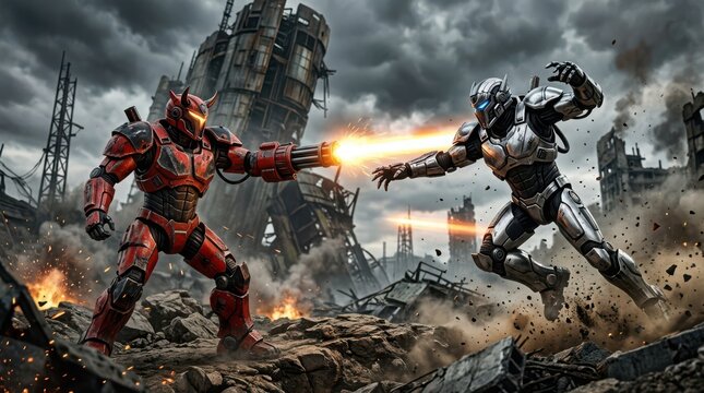 Two powerful mechanical robot warriors fighting with lasers in a dark destroyed post apocalyptic city landscape at war