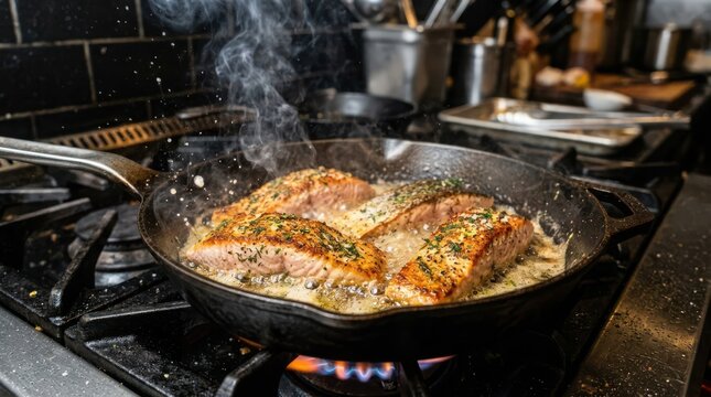 Fresh salmon fillets with vegetables cooking in a hot black cast iron skillet on a stove in a professional restaurant kitchen