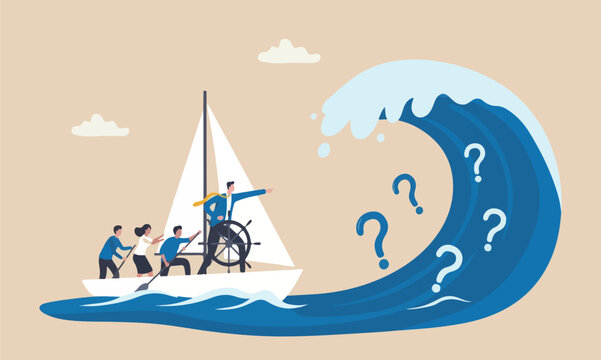 Courage, teamwork to help survive crisis, challenge or risk taker concept, businessman captain point finger to lead team sailing boat to survive big wave storm