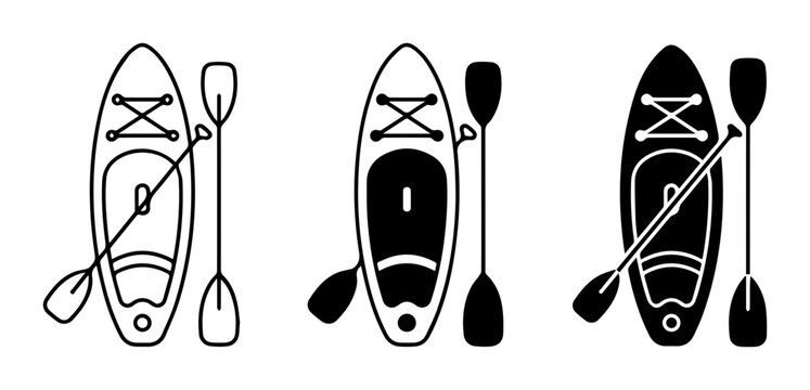 Stand Up Paddleboard Icons, SUP Board and Paddle Vector Graphics, Water Sports Equipment Set