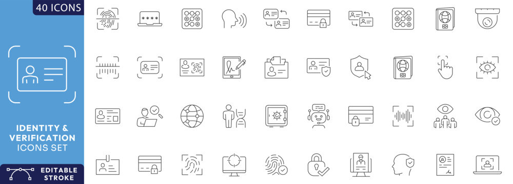 Identity and Verification icon set. Containing Passport, biometric, tools, driving license, face id, code, fingerprint Etc. Fully Editable. Vector illustration