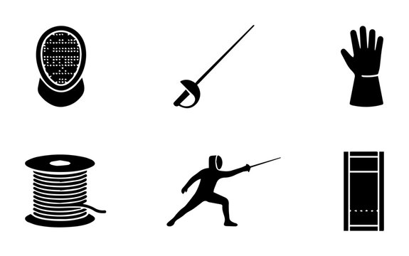 Fencing Sport Icons Set: Mask, Sword, Glove, Wire Spool, Athlete, Target Board