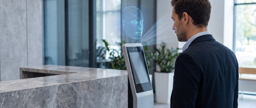 Man using facial recognition scanner for access control in modern office lobby, with a wireframe face hologram projected for biometric identification and security purposes