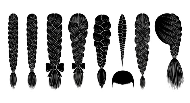 Black braided hairstyles, hair braids, afro hairstyles, hairstyle icons, vector set