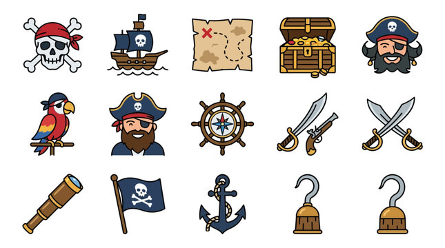 Pirate Icons Set with Ship, Treasure, and Symbols in Cartoon Style