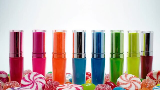 Colorful lipstick tubes standing between candies against a white background, concept for lip makeup