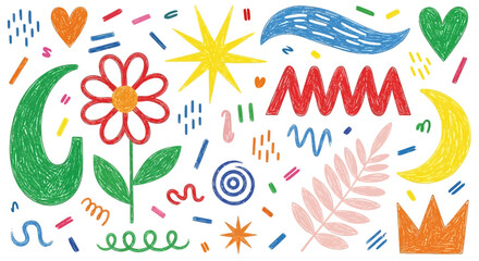 Naklejka premium Colorful abstract doodle elements, whimsical illustrations, decorative shapes, hand-drawn icons, vector graphics