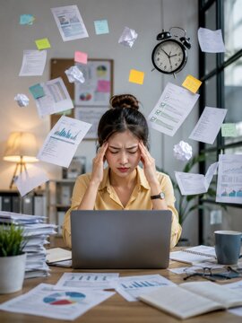 Busy female office worker struggling with information overload and time management at modern workspace surrounded by digital distractions